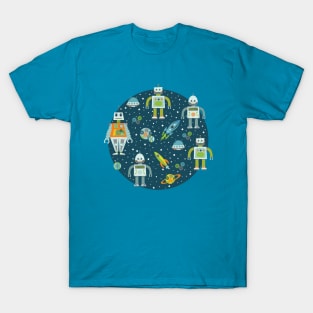 Robots in Space - Blue + Green T-Shirt